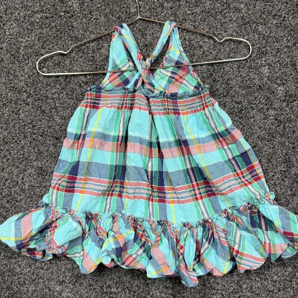 Ralph Lauren Halter Top Girl 24M Blue Plaid Ruffle Cotton Summer Preppy Shirt